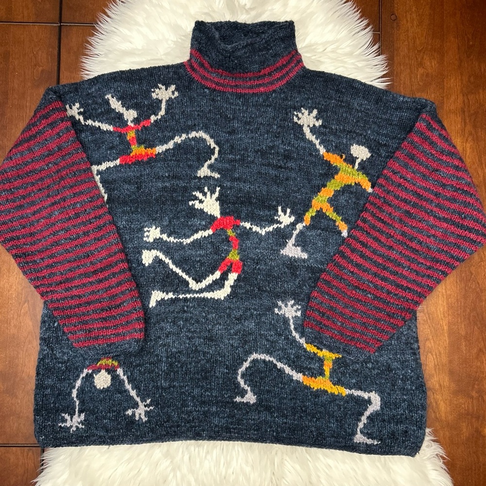 World Folk Art Imports Nanaimo Canada Wool Sweater Oversized Size XL Blue Red